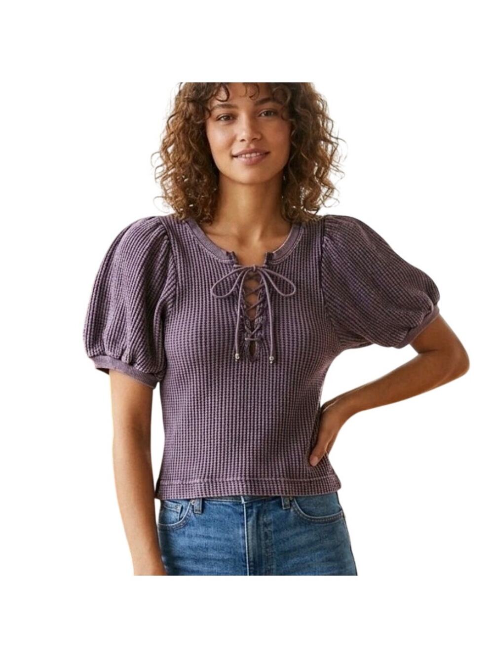 FP One Hayden Thermal Top XS Purple Puff Sleeve Lace Up Waffle Knit Boho